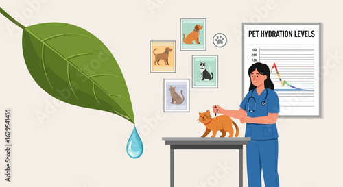 Veterinarian examining a cat's hydration level with a leaf symbolizing natural care