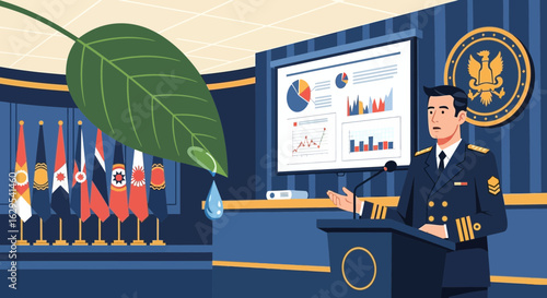 Illustration depicting a man in uniform presenting on water conservation initiatives with flags