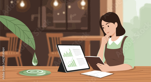 Sustainability-focused businesswoman analyzes financial data at eco-friendly cafe
