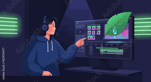 Environmentally conscious video editor crafting captivating green themed content