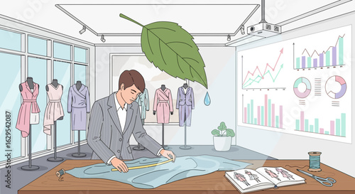 Illustration of a fashion designer in a sustainable design studio environment showing nature's