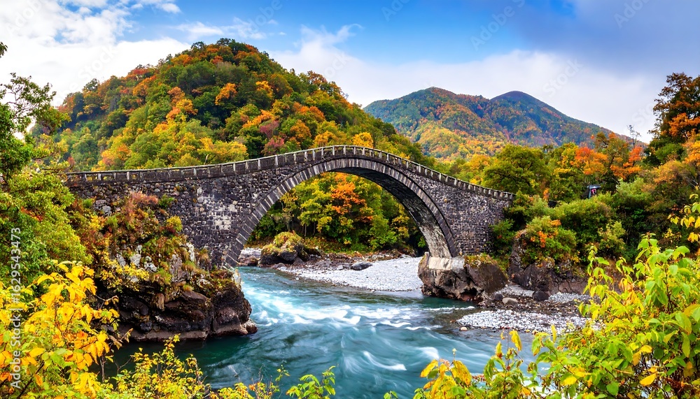 Fototapeta premium Picturesque Arched Stone Bridge Spanning a River in a Colorful Autumn Landscape