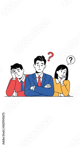 Three people confused with question marks above their heads thinking about a problem or decision