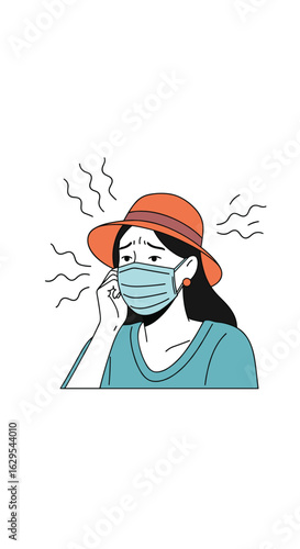 Woman wearing a face mask feeling unwell during a hot summer day with wavy lines indicating discomfort