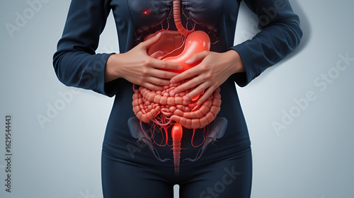 Illustration of internal organs is on the woman's body against the gray background. Business Woman touching stomach painful suffering from enteritis. internal organs of the human body.