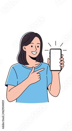 Young woman happily showing a smartphone screen to the viewer with a bright smile and pointing finger