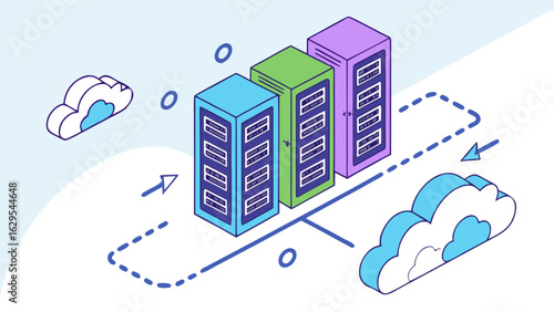 Cloud server hosting data center network storage backup system technology infrastructure solutions isometric view
