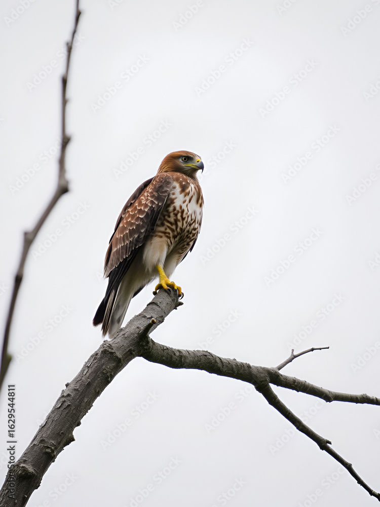 single red tailed hawk standing on the tree branch single red tailed hawk standing on the tree branch