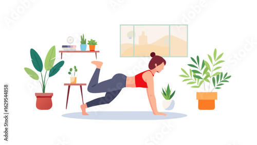 Woman doing donkey kicks exercise at home workout fitness routine indoor activity bodyweight training exercise