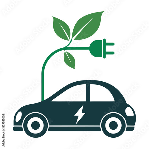 Electric Car Concept: A sleek electric car design showcases environmental sustainability with a charging cable morphing into a leafy branch, symbolizing eco-friendly transportation and clean energy.