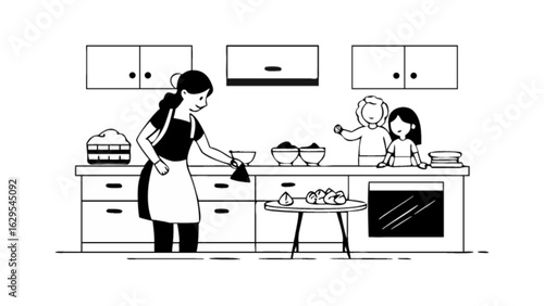 Family cooking together in kitchen illustration vector art design for website and social media marketing use