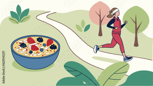 Healthy lifestyle concept illustration with running woman and oatmeal bowl for wellness and fitness routine