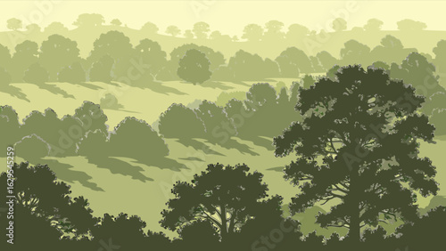 Misty forest landscape with trees and hills background vector illustration green nature scene for wallpaper