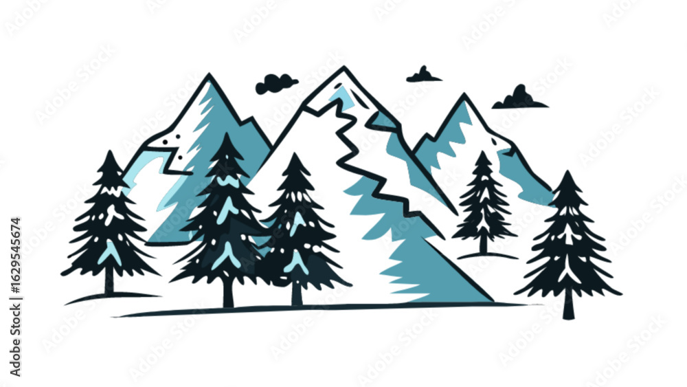 Obraz premium Mountain landscape vector illustration with pine trees for outdoor adventure and nature scenery design