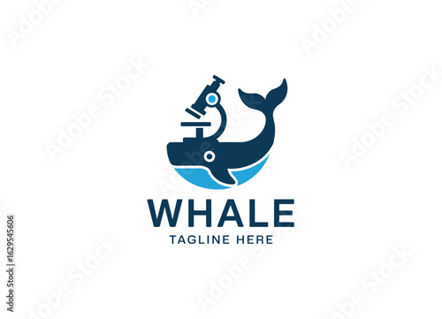 Infused with creativity, this whale logo features a microscope, symbolizing dedication to marine research and environmental studies, suitable for educational or scientific brands.