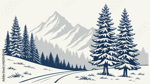 Winter landscape vector illustration with snowy mountains and pine trees scenic view for travel posters