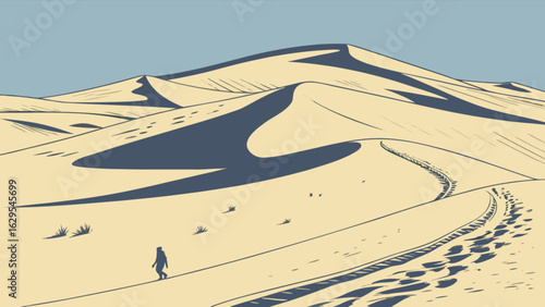 Desert landscape illustration of sand dunes with person walking and footprints in a vast desert scene