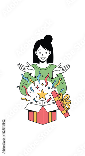 Excited young woman opens a surprise gift box filled with colorful confetti and a shining star