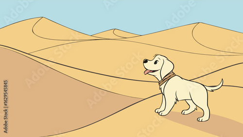 Cartoon dog labrador retriever in desert landscape illustration vector art for kids children drawing design
