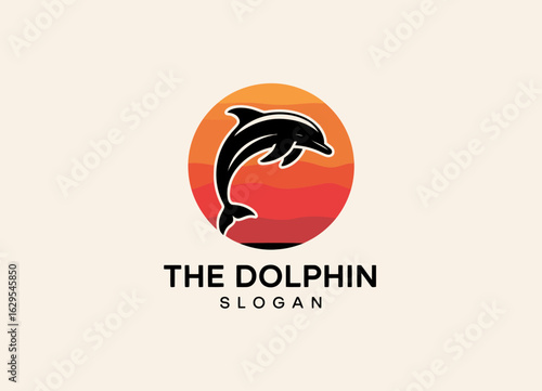 A dynamic dolphin logo showcasing playful movement against a vibrant sunset gradient background, reflecting nature and marine life vitality and excitement.