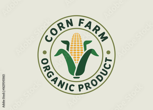 An emblematic corn farm logo focusing on organic products, featuring a corn cob and green leaves, emphasizing agricultural integrity and the essence of nature's bounty.