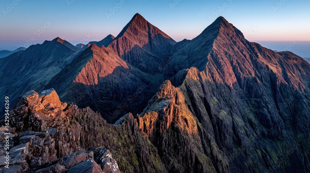 Naklejka premium Rugged mountain peaks bathed in dawn light