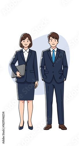 Professional man and woman in business attire posing together in a clean studio environment