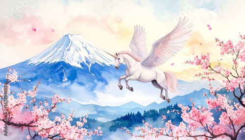桜咲く富士を舞うペガサス