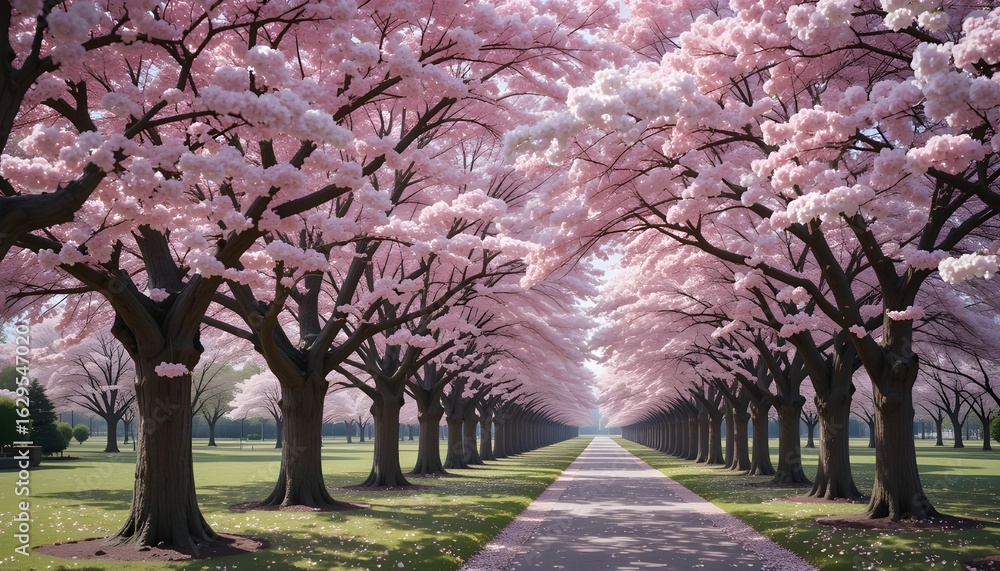 Naklejka premium Serene park pathway lined with blooming cherry trees in vibrant spring splendor