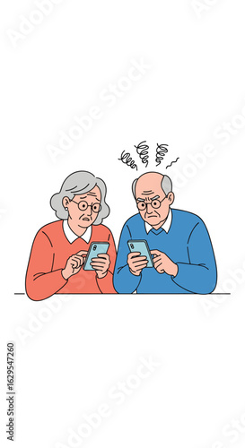 Elderly couple engrossed in their smartphones experiencing digital frustration and confusion while trying to understand modern technology