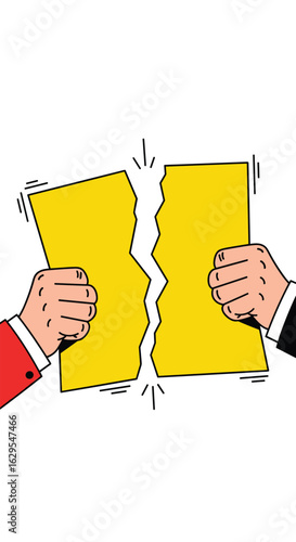 Two hands tearing a yellow sheet of paper in half with jagged edges symbolizing disagreement and conflict