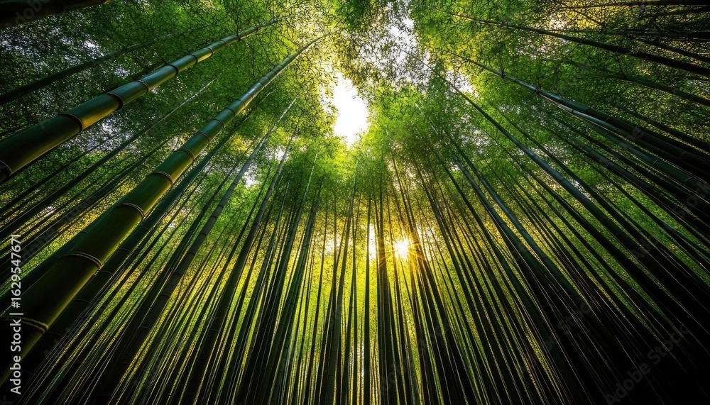 Bamboo Forest Canopy with Sunlight Shining Through the Green Trees, Serene Scenery Bamboo Forest Canopy with Sunlight Shining Through the Green Trees, Serene Scenery