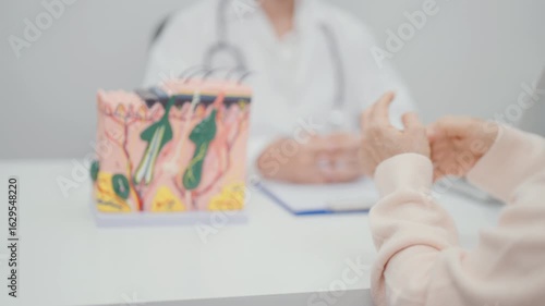 woman Patient consultation Dermatologist with anatomy of skin and hair. Skin disease and Hair loss, Systemic Lupus Erythematosus or SLE, world lupus day, May Melanoma and Skin Cancer Awareness month