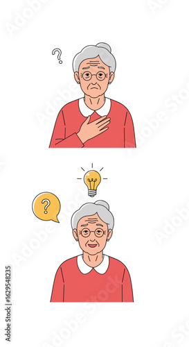 Elderly woman experiences confusion then sudden understanding leading to a bright idea illustration