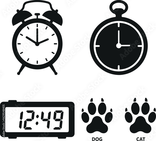 Black icons of alarm clock pocket watch digital clock and paw prints