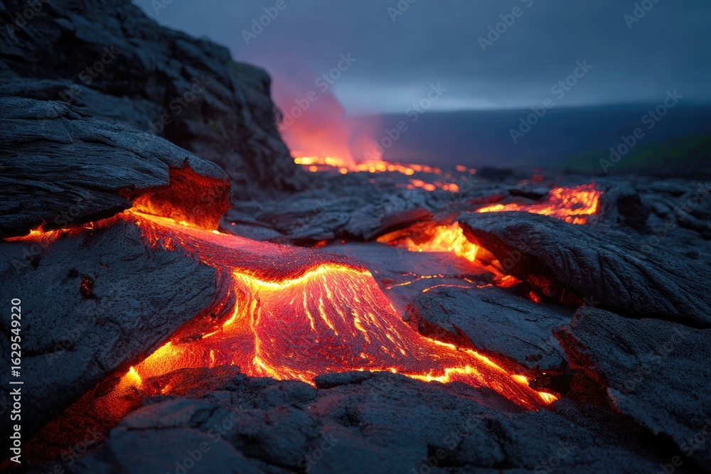 Obraz premium Molten lava flows over dark volcanic rock at twilight