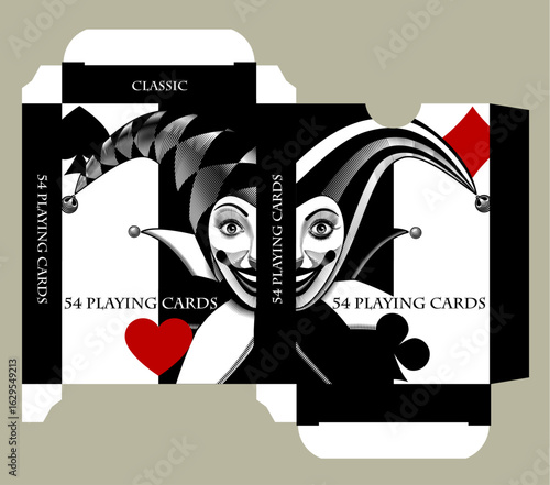 Playing card tuck box design with Joker head in vintage black and white engraving style. Vector illustration.