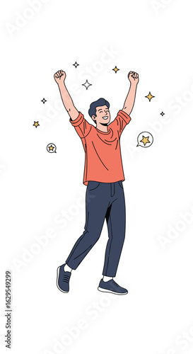 Young man triumphantly raising his arms with stars and sparkles surrounding him celebrating his success and achievements with joy and excitement
