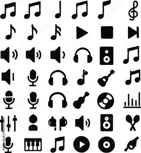 Collection of Music Related Icons in Black Silhouette on White Background