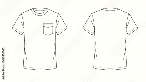 Basic t-shirt front and back technical sketch, flat vector template with pocket detail, minimalist clothing cad design, unisex fashion illustration
