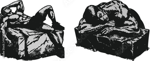  Lined Photocopy Effect Monochrome Engraving Vector of Muscular Man Sleeping on Stone – Digital Art Bundle