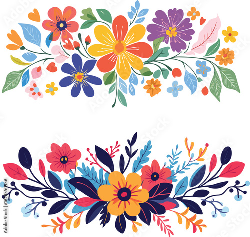 Vibrant hand drawn floral borders with colorful blossoms and leaves on white background