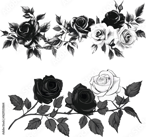 Elegant black and white rose garlands with delicate leaves and stems for decorative design