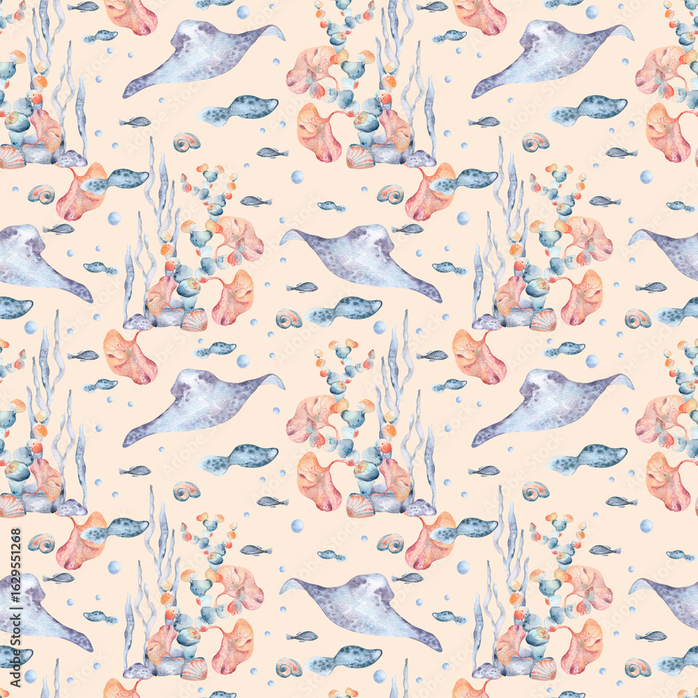 Fototapeta premium Colorful tropical sea watercolor seamless pattern with seaweeds, fishes and stingray isolated on beige. Underwater life and flora hand painted repeated texture for design fabric prints, textile.