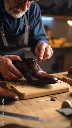 Shoe repair craftsman working on leather shoe