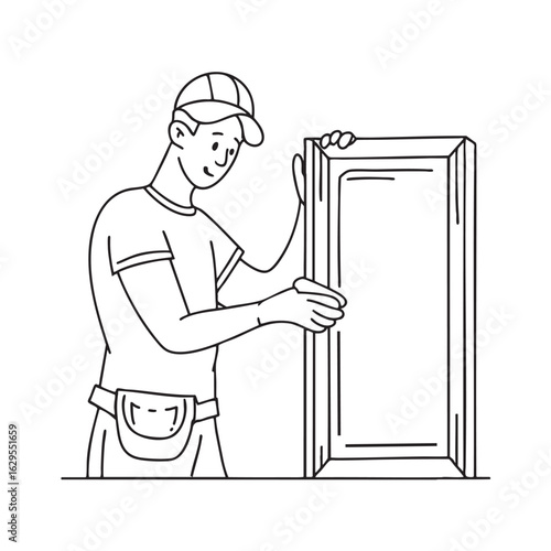 Doodle illustration of a woodworker applying veneer to a cupboard front