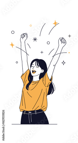 Celebrating a triumph feeling joyful and excited with arms raised high in a moment of pure exuberance and delight