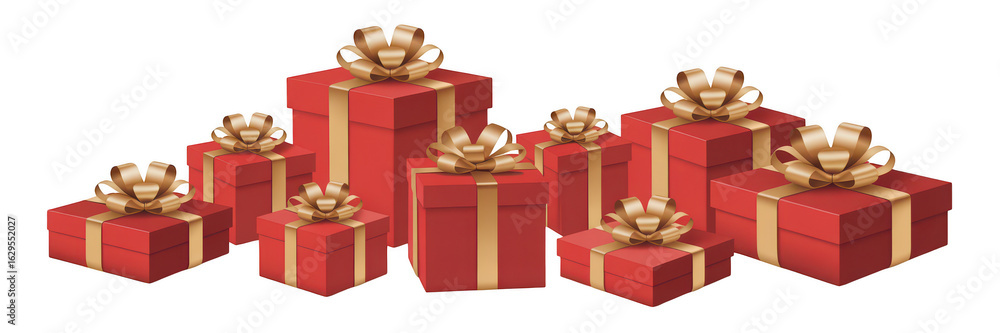 Obraz premium Group of red gift boxes with gold ribbon and bows isolated on transparent background