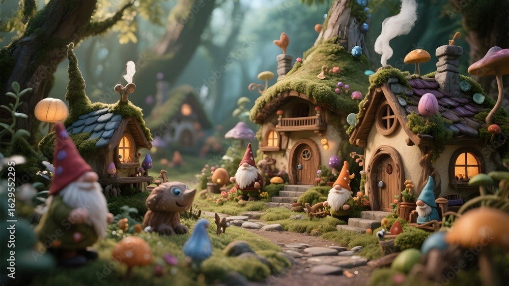 Fototapeta premium Enchanted Forest Village with Gnomes and Mushroom Houses