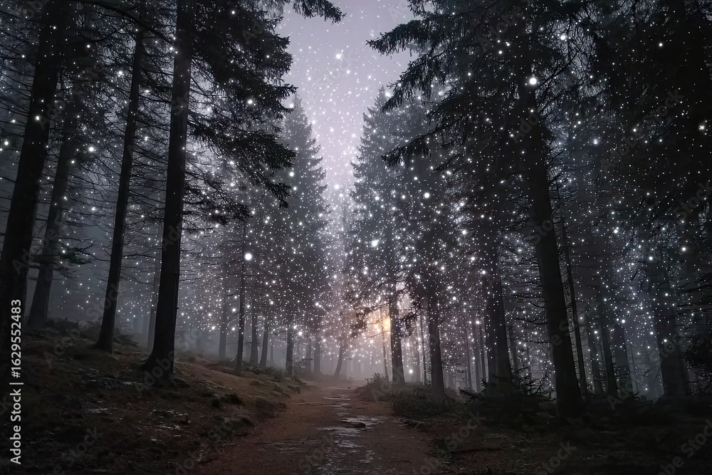 Fototapeta premium Mystical forest path, blanketed in glowing snow